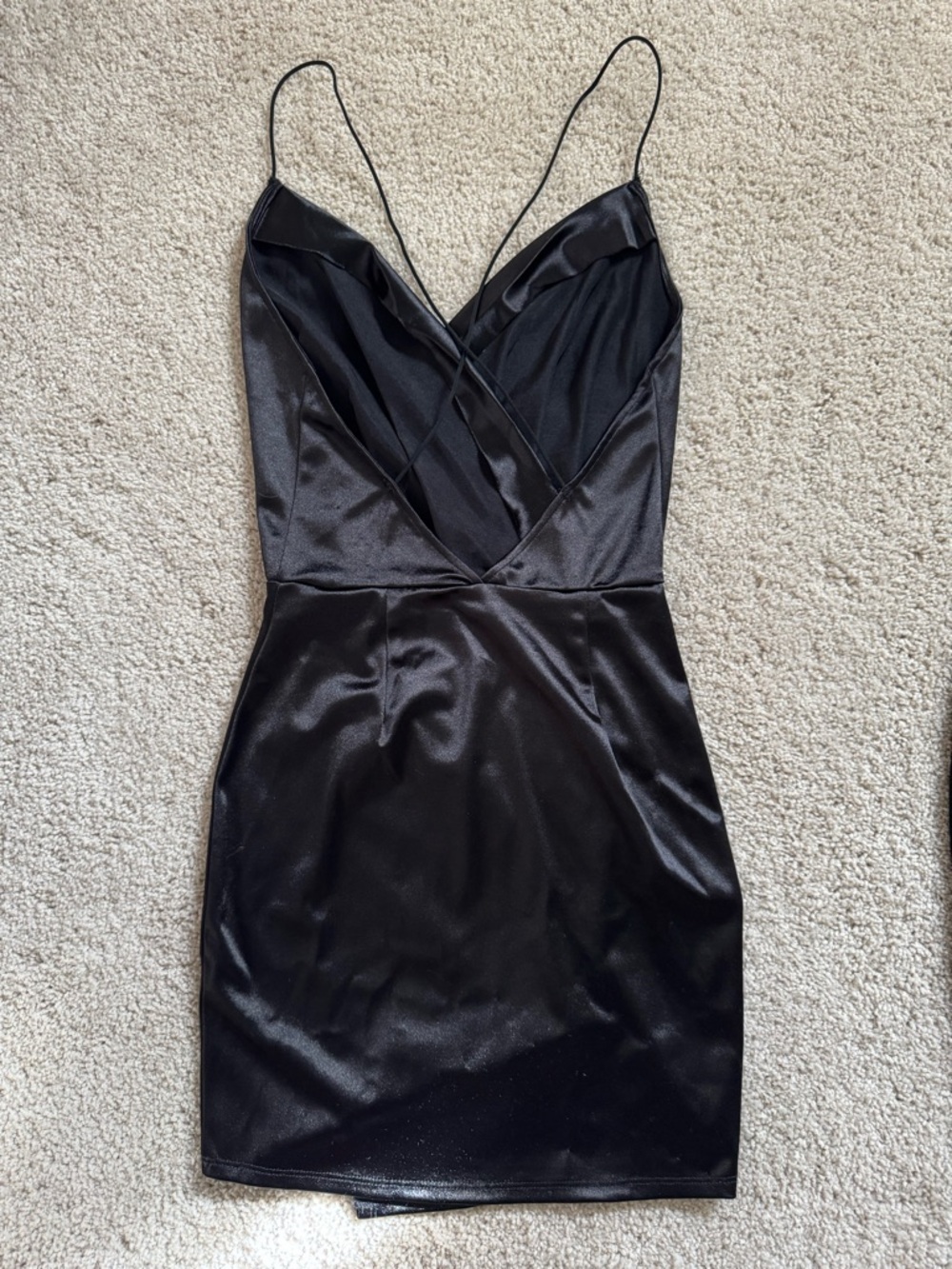 Satin Black Wrap-Front Mini Dress with Spaghetti Straps - Picture 2 of 2